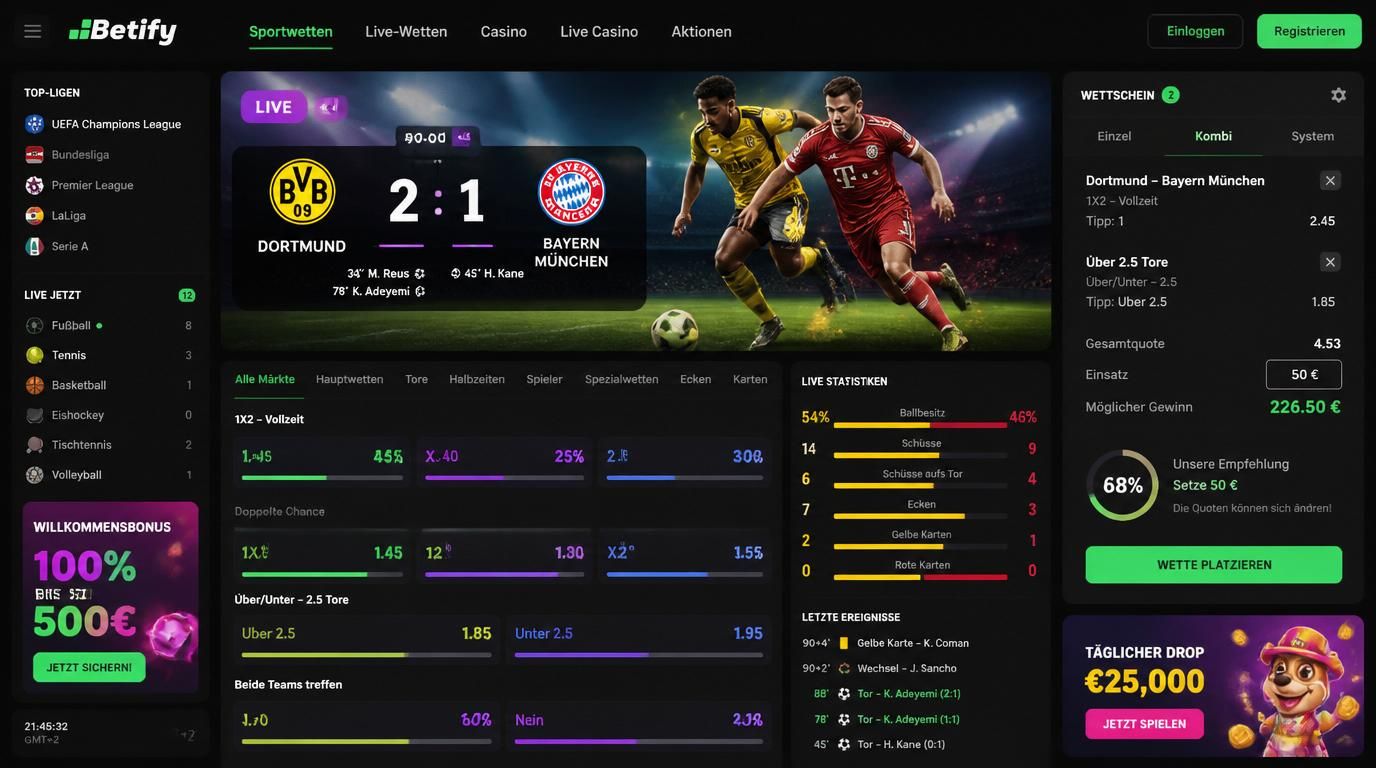 Live-Wetten Dashboard mit Fußballmatch, Quote und Einsatzmöglichkeiten