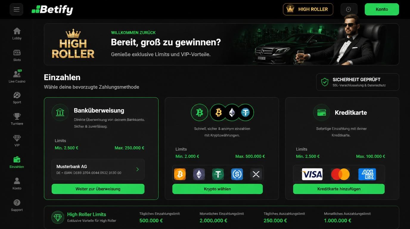 High Roller bei der Einzahlung mit Banküberweisung und Krypto in Deutschland