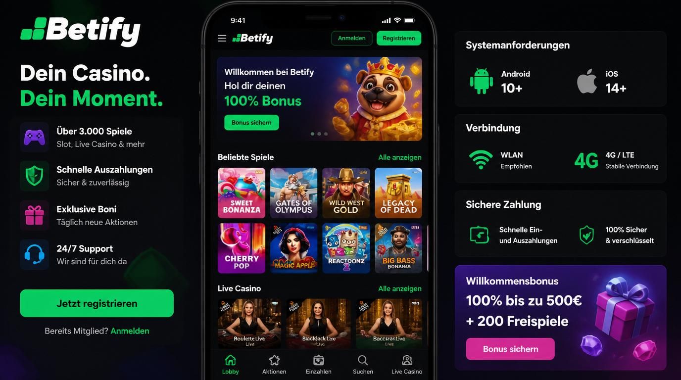 Zeigt Smartphone mit Casino-App und Systemanforderungen