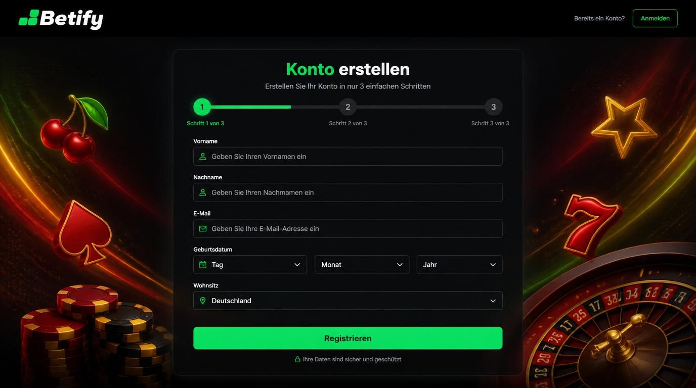 Ein Bildschirm zeigt ein Registrierungsformular mit typischen Eingabefeldern und einer Registrieren-Schaltfläche