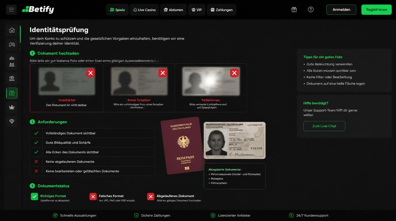 Symbole für häufige Verifizierungsfehler wie unscharfe Bilder oder falsches Dokumentformat