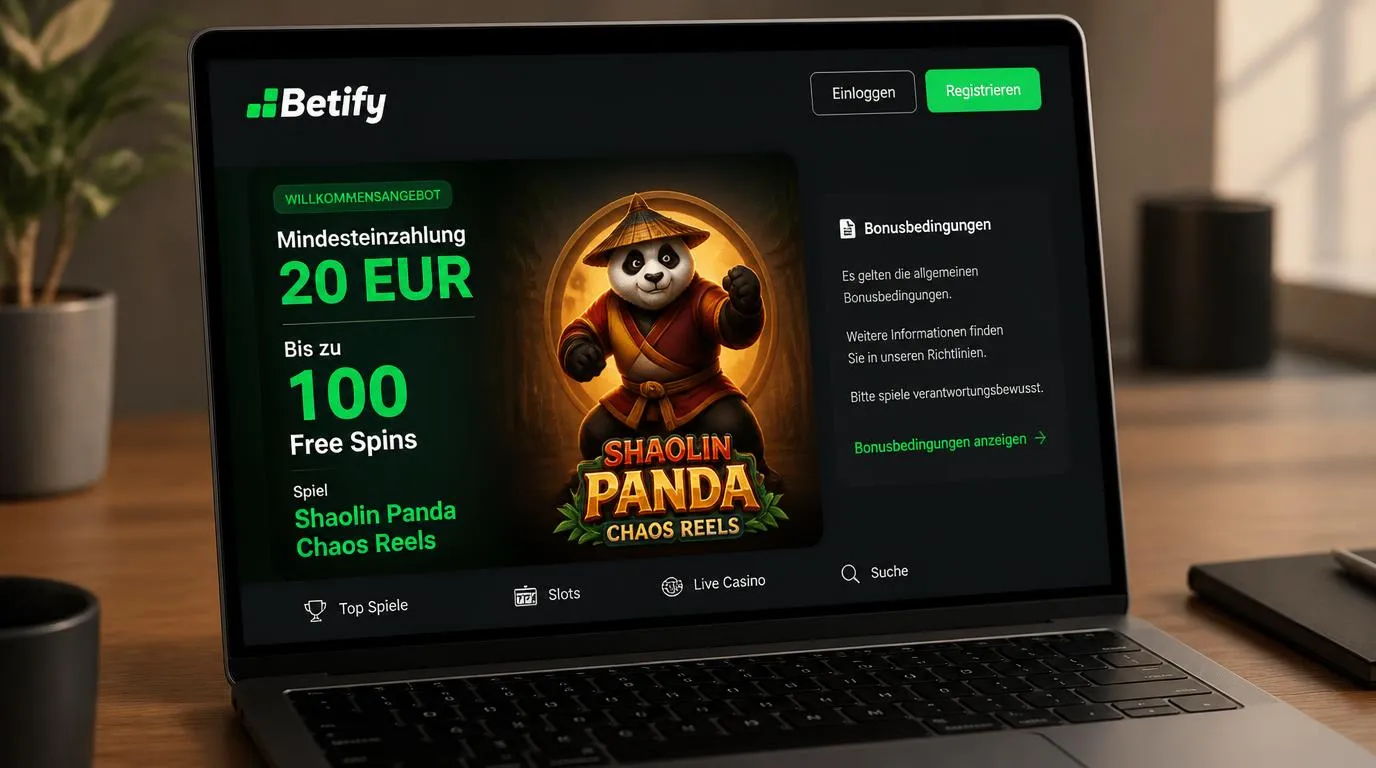 Casino-Bonusansicht mit 20 EUR Mindesteinzahlung und bis zu 100 Freispielen für Shaolin Panda Chaos Reels