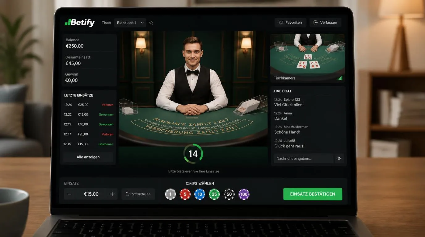Live-Casino-Oberfläche mit Dealer, Chat, Wetthistorie und mehreren Kameraperspektiven